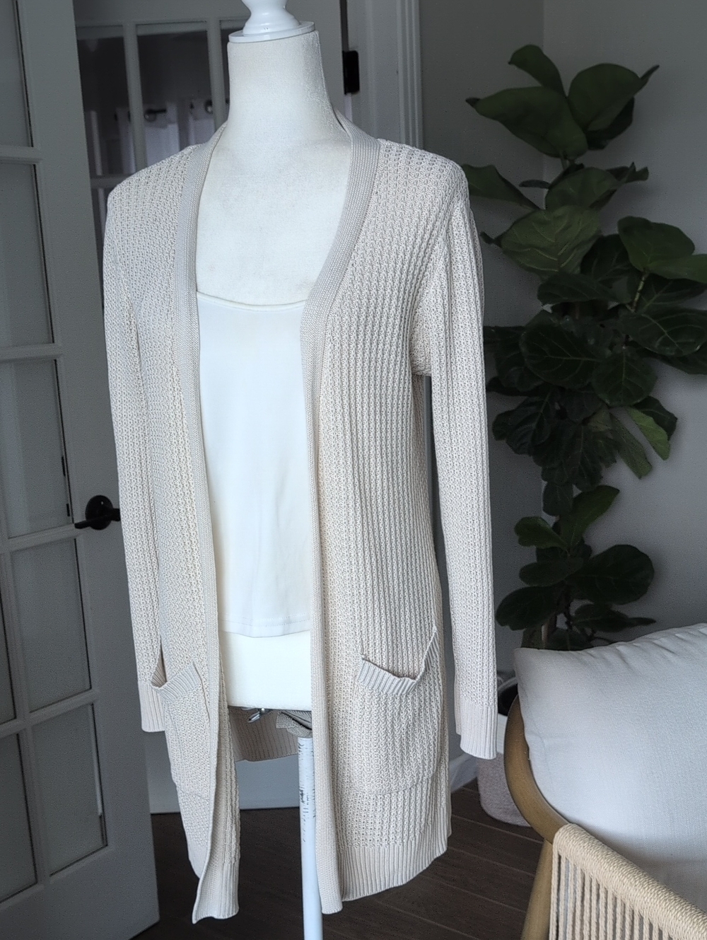 Market Spruce Women's Open-Front Oatmeal Knit Cardigan Sweater 31"
